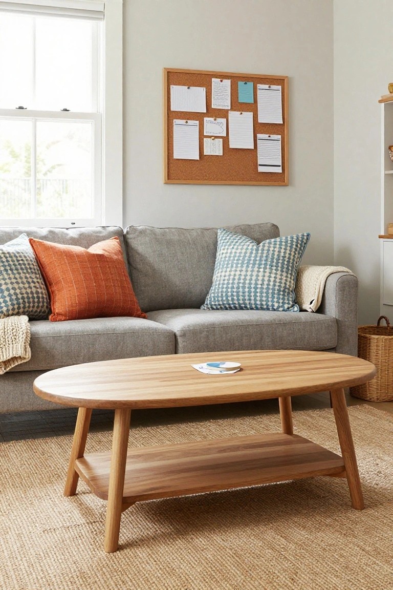 Gray sofa with orange checkered pillows, blue geometric pillows, and a cream knit throw in a light living room featuring an oval wooden coffee table, corkboard on wall, and window with blinds.