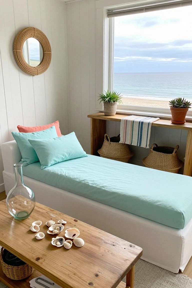 White daybed sofa with aqua sheets and pillows plus stacked coral pillows in a white paneled room featuring wooden furniture, plants, shell decor, and large window with ocean view.