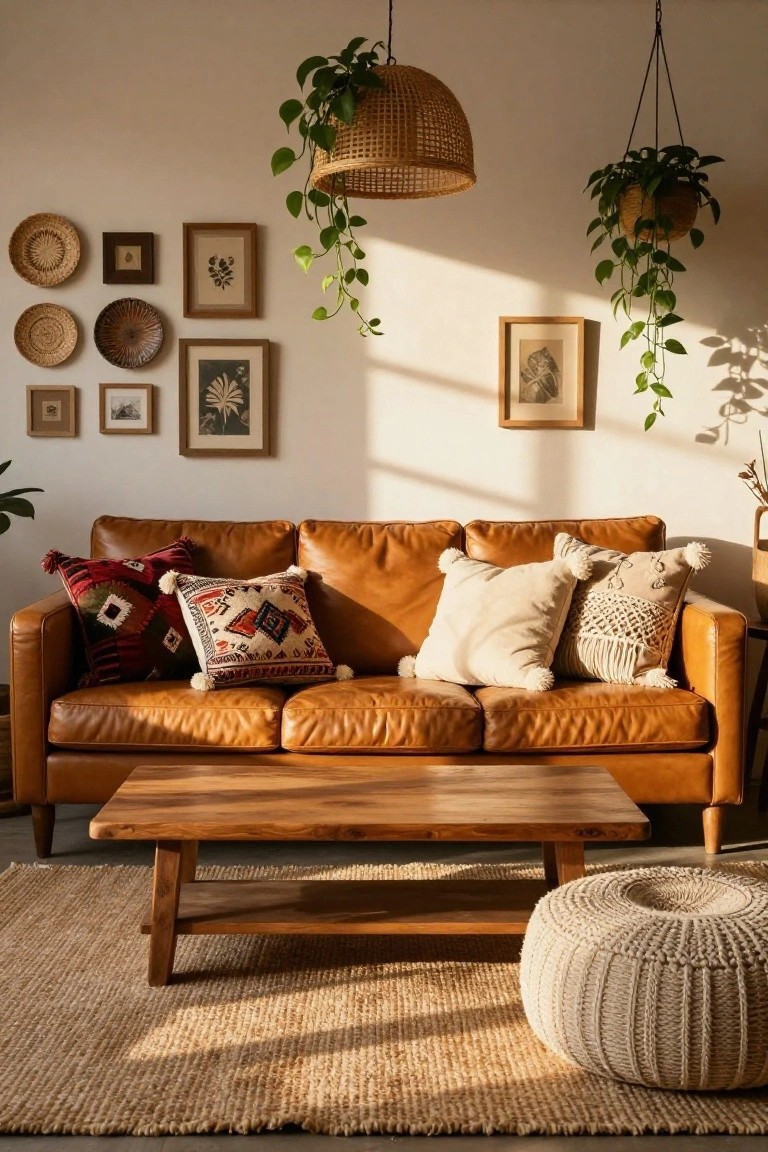 Tan leather sofa with red patterned pillows, white fluffy pillows with pom poms, and knitted cushions, next to a wooden coffee table on a jute rug in a sunlit room with hanging plants and wall art.