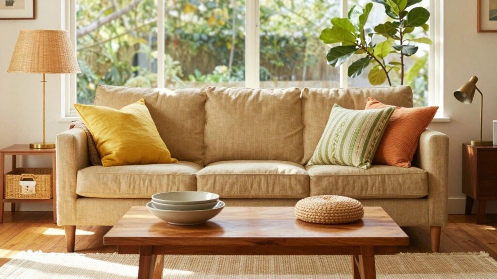23 Sofa Pillow Ideas for Colorful and Stylish Living Rooms A sunlit living room with a pale yellow linen corner sofa covered in assorted pillows including yellow, orange, and striped green ones, a wooden coffee table with white bowls, a fiddle leaf fig plant, beige rug, and yellow curtains over a window.