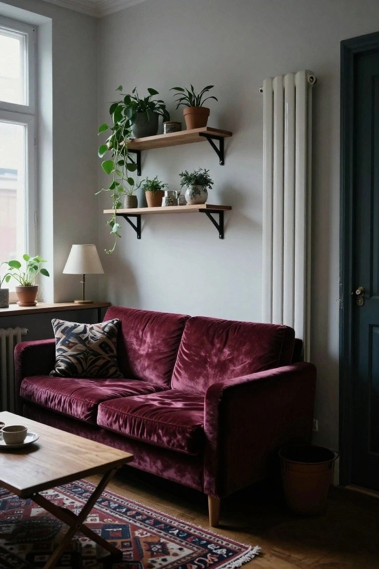 Deep red velvet two-seater sofa in a gray-walled living room with a large black, white, and navy patterned pillow, wooden coffee table holding a teacup, potted plants on wall shelves, white radiator, and Persian-style rug on wood floor.