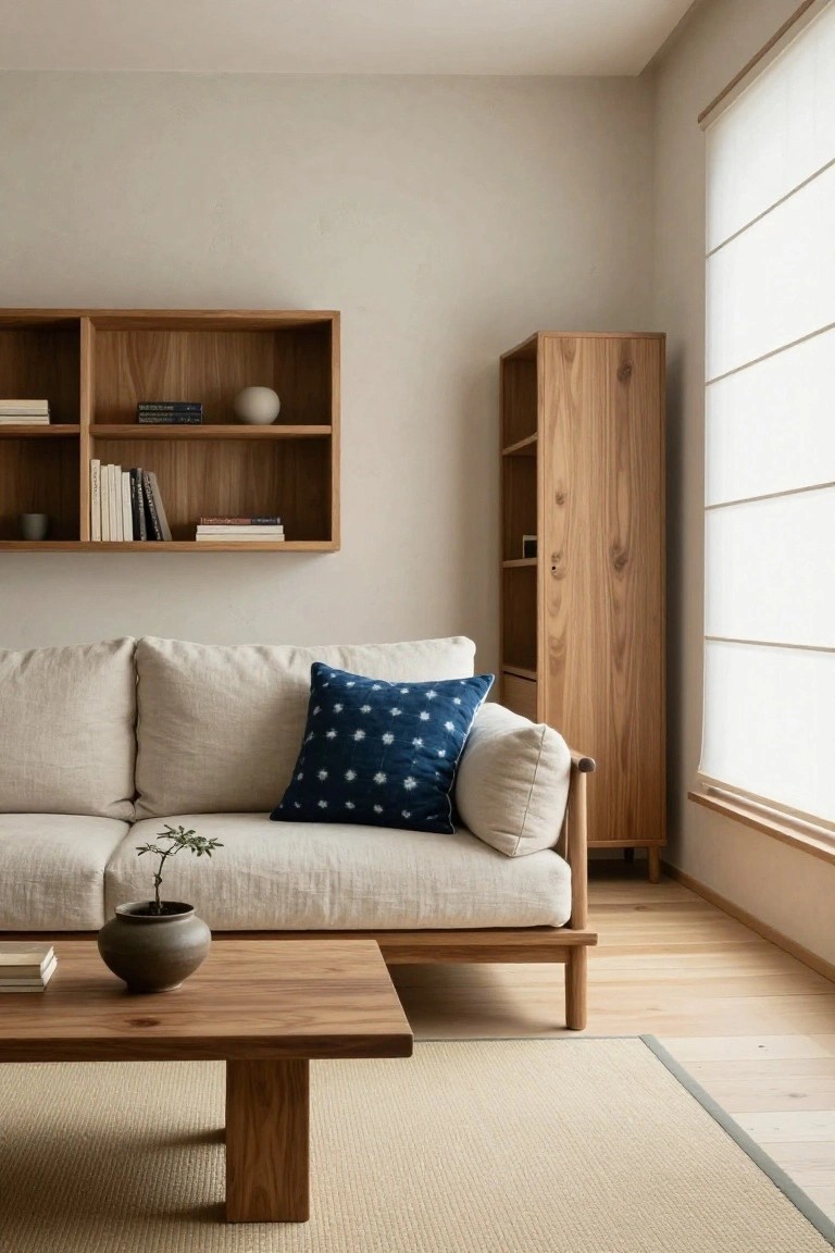 Minimalist living room with cream linen sofa holding one navy blue dotted pillow, wooden coffee table with plant pot and book, wall-mounted and freestanding wooden shelves, and window with white blinds.