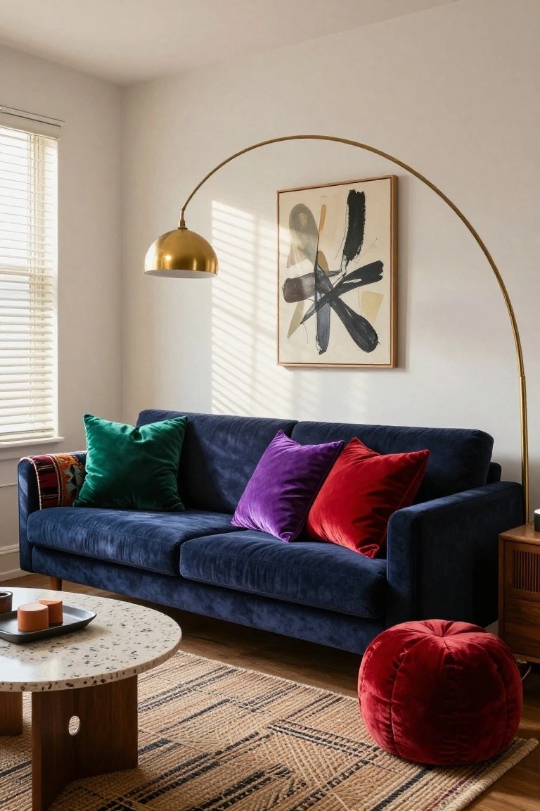 Modern living room with navy sofa, colorful pillows, and brass arc lamp.