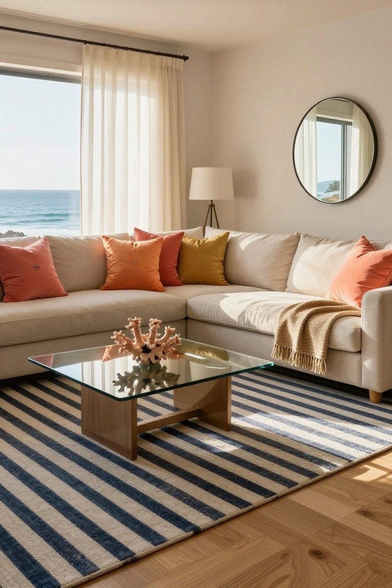 Light beige L-shaped sofa with assorted orange and mustard yellow throw pillows in a living room with glass coffee table holding coral sculpture, striped navy and white rug, floor lamp, round mirror, and large window showing ocean view.