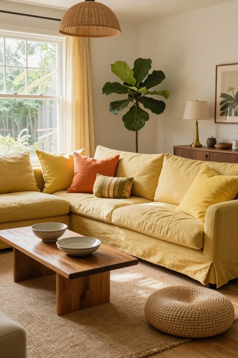 A sunlit living room with a pale yellow linen corner sofa covered in assorted pillows including yellow, orange, and striped green ones, a wooden coffee table with white bowls, a fiddle leaf fig plant, beige rug, and yellow curtains over a window.