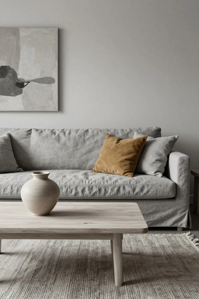 Gray linen sofa with two gray pillows and one mustard yellow velvet pillow, a tall ceramic vase on a light wood coffee table, neutral rug on the floor, and abstract painting on a light gray wall in a living room.