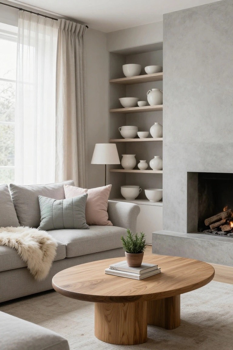 Light gray sofa in a living room corner with pillows in gray, sage green, and blush pink, sheepskin throw draped over arm, round wooden coffee table holding books and potted rosemary plant, white ceramic bowls on oak shelves beside gray fireplace with logs burning.