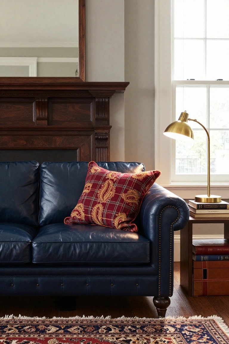 Navy blue leather tufted sofa with a red and gold paisley throw pillow, beside a brass desk lamp and stack of books on a side table, in a living room with wooden fireplace mantel and Persian rug.