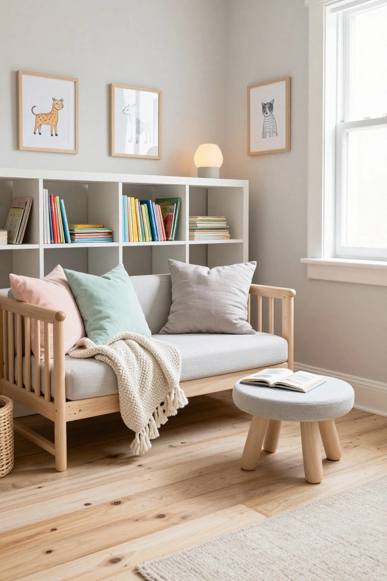 Wooden-framed gray loveseat in a light gray room corner with pink, mint green, and gray pillows, white knit throw, open book on a stool, bookshelves stocked with colorful children's books, and framed animal illustrations on walls.