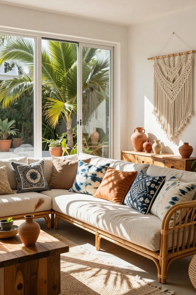 Bright living room with white rattan L-shaped sofa covered in assorted colorful patterned pillows, wooden coffee table, terracotta vases, macrame wall hanging, and sliding glass doors opening to palm trees and plants.