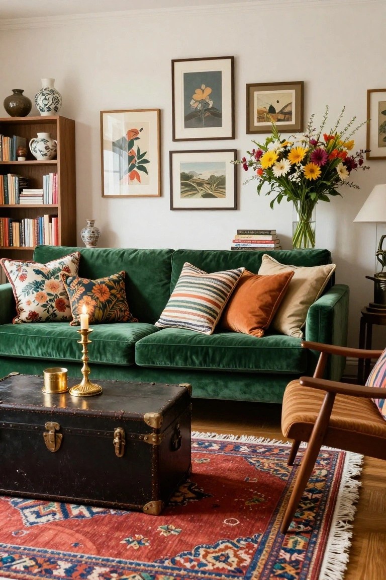 A green velvet sofa with assorted pillows in floral, striped, and solid orange patterns in a living room with white walls, wooden bookshelves, framed art, ceramics, a trunk coffee table, and a red patterned rug.