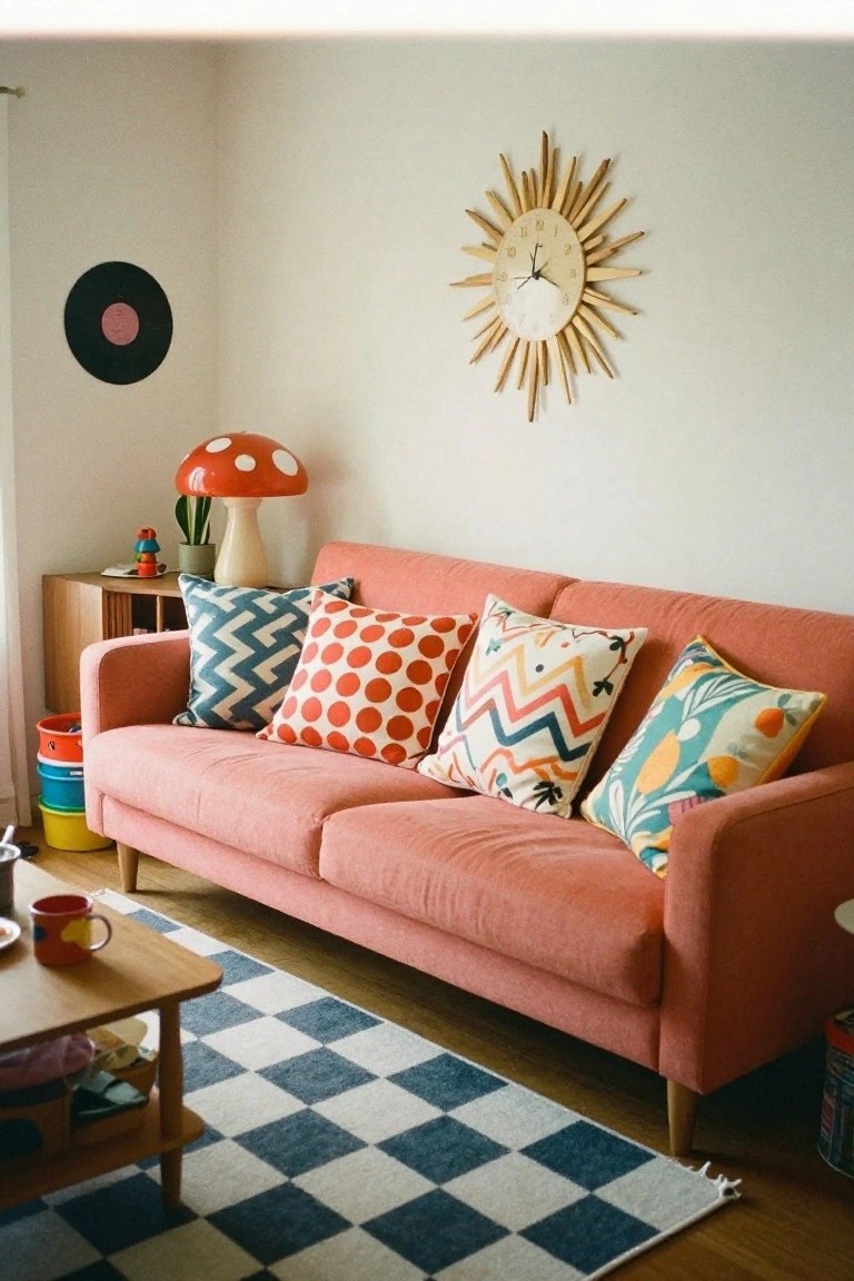 Coral pink fabric sofa piled high with colorful patterned throw pillows including zigzags, polka dots, florals, and abstracts, next to a mushroom lamp and wooden shelf in a white-walled living room with checkered rug and coffee table.