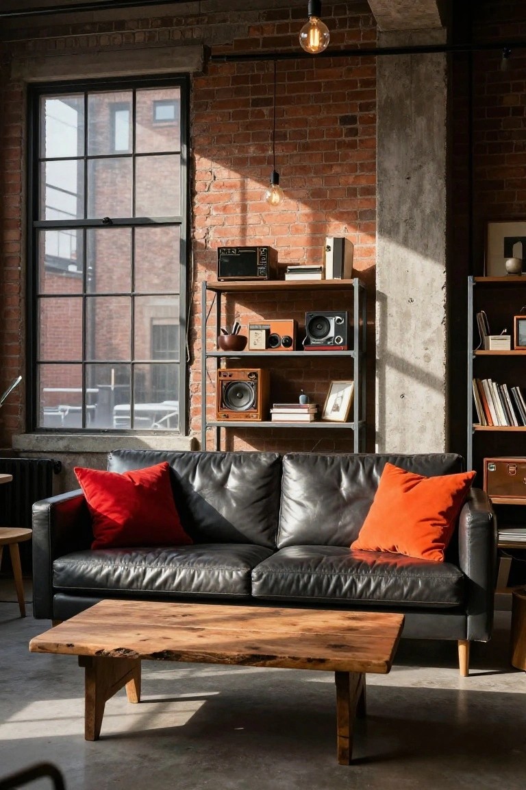 Industrial living room featuring a black leather sofa with red and orange pillows, a wooden coffee table, exposed brick walls, metal shelves with books and speakers, and large windows.