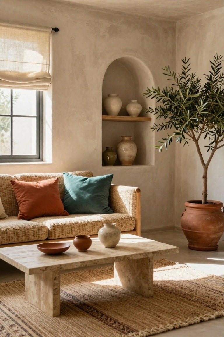A beige woven sofa with rust orange and teal throw pillows in a light beige room featuring an arched niche with ceramic pots, a potted olive tree, travertine coffee table with pottery, and sheer curtains on a window.