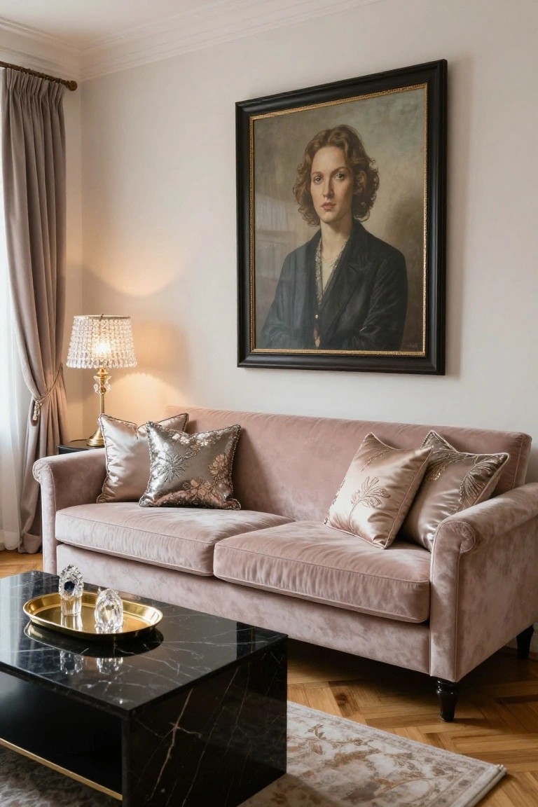Blush pink velvet sofa with metallic embroidered pillows in gold and silver, black marble coffee table holding a gold tray with crystal pieces, large framed portrait of a woman in dark clothing, crystal-fringed lamp, and beige curtains in a room with parquet flooring