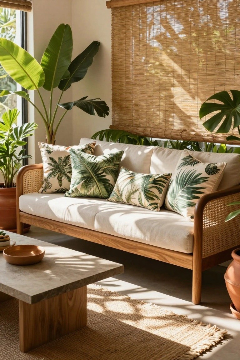 A light beige rattan-frame sofa with multiple green palm leaf print pillows in a sunlit room filled with large tropical plants, a wooden coffee table, and bamboo blinds on the windows.