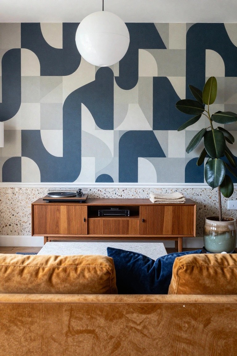 Living room with burnt orange velvet sofa topped by navy blue pillows, wooden credenza with turntable and folded towels, blue and gray geometric wallpaper, potted plant in ceramic pot, and white pendant light.