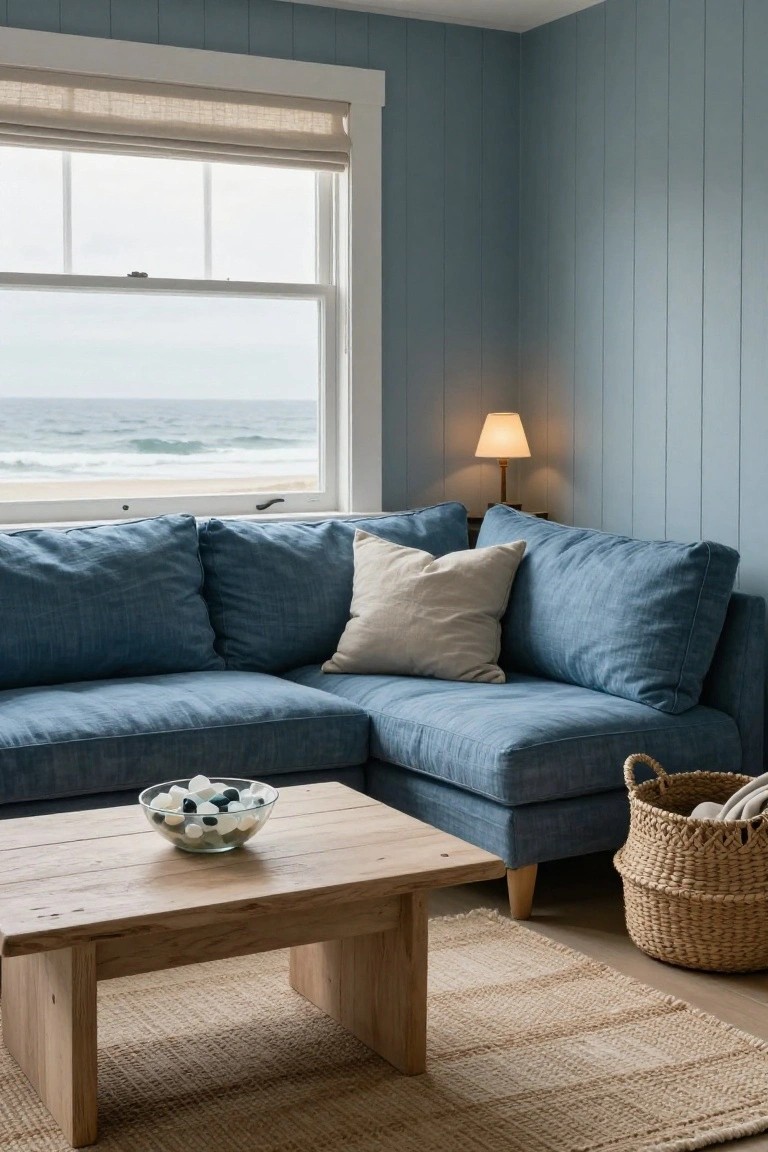 Blue linen L-shaped sofa in corner of pale blue paneled living room with large window to ocean, low wooden coffee table holding glass bowl of pebbles, seagrass rug, table lamp, and wicker basket with linens.