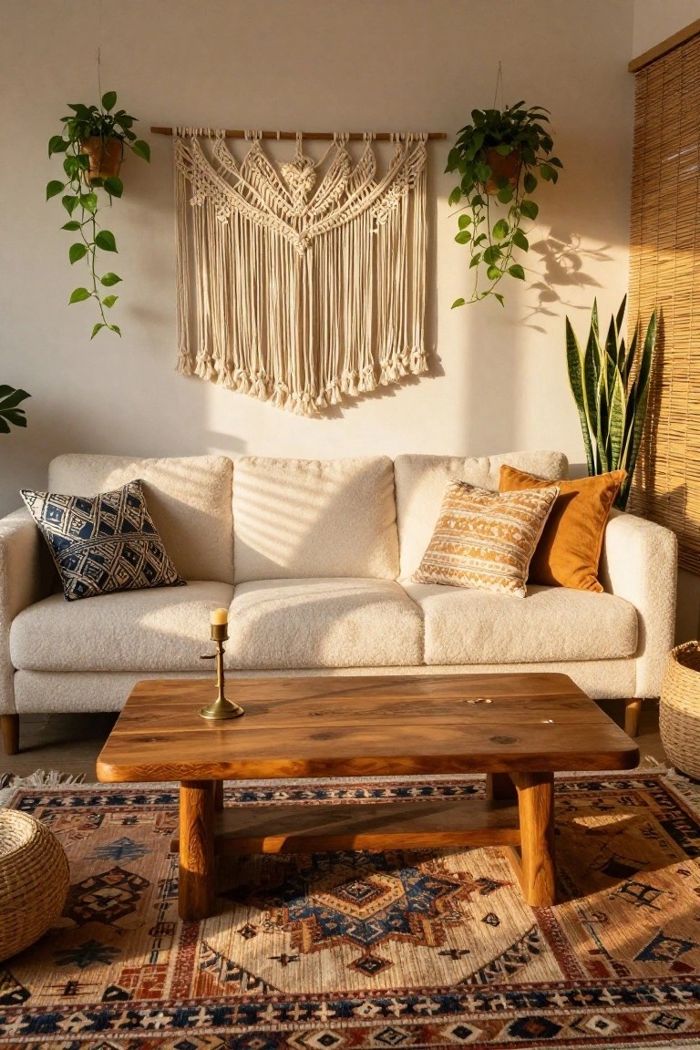 Cream bouclé sofa with assorted patterned and solid pillows on a low wooden coffee table with brass candlestick, macrame wall hanging above, hanging and potted plants, snake plant, woven basket, and patterned rug in a sunlit living room.