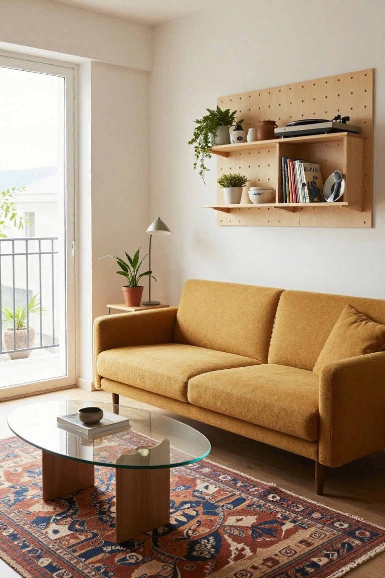 A living room with a mustard yellow two-seater sofa facing a clear oval glass coffee table with wooden legs on a red and blue patterned rug, wooden pegboard shelving holding plants books and a turntable on the wall, a floor lamp and potted plants nearby, and a large window to a balcony.