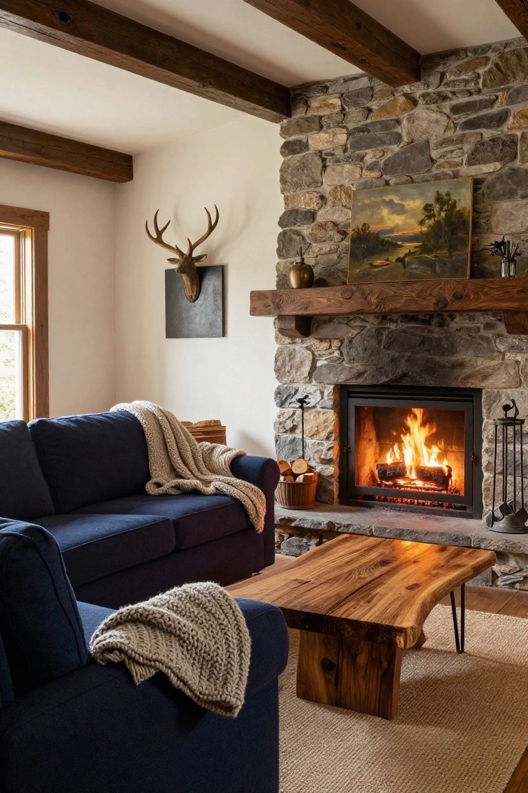 A navy blue sofa with a cream chunky knit throw draped over the arm in a rustic living room with wooden ceiling beams, a stone fireplace with burning logs, a live-edge wooden coffee table, and deer antlers on the wall.
