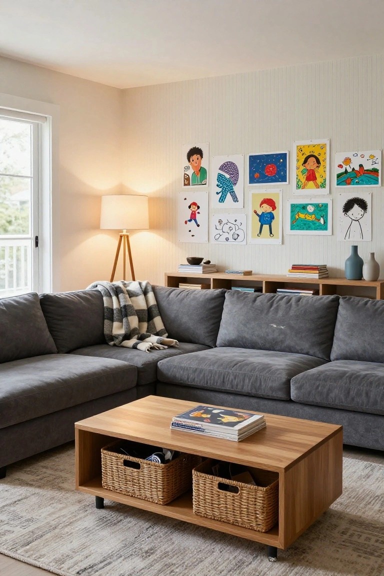Gray L-shaped sectional sofa in a light living room with plaid throw blanket draped over one arm, wooden coffee table holding books and woven baskets, colorful kids' artwork on walls, floor lamp, and bookshelves nearby.