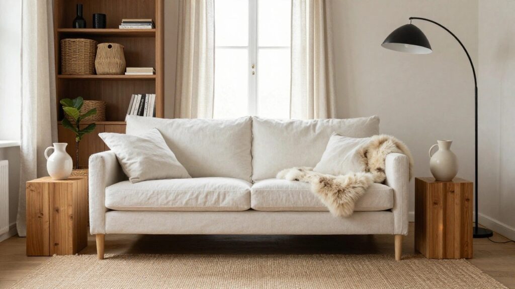 23 Sofa Styling Ideas for a Living Room That Looks Designer White linen L-shaped sofa in a living room corner with a large cream fur throw draped over it, wooden fluted coffee table holding a white jug, fiddle leaf fig plant in seagrass basket, arc floor lamp, and floating wooden shelves with books and baskets next to a window with sheer curtains.