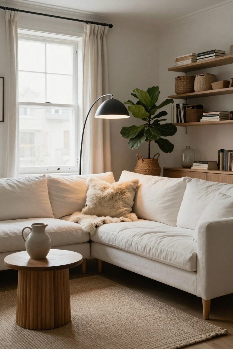 White linen L-shaped sofa in a living room corner with a large cream fur throw draped over it, wooden fluted coffee table holding a white jug, fiddle leaf fig plant in seagrass basket, arc floor lamp, and floating wooden shelves with books and baskets next to a window with sheer curtains.