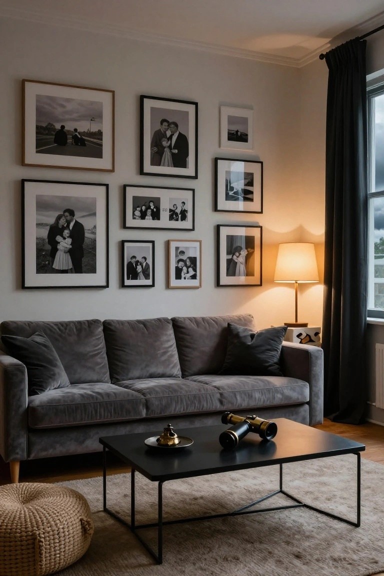 Living room corner featuring a gray velvet sofa, black metal coffee table with gold binoculars and a small teapot, rattan pouf stool, table lamp, and a gallery wall of assorted black-and-white framed photos on light gray walls.