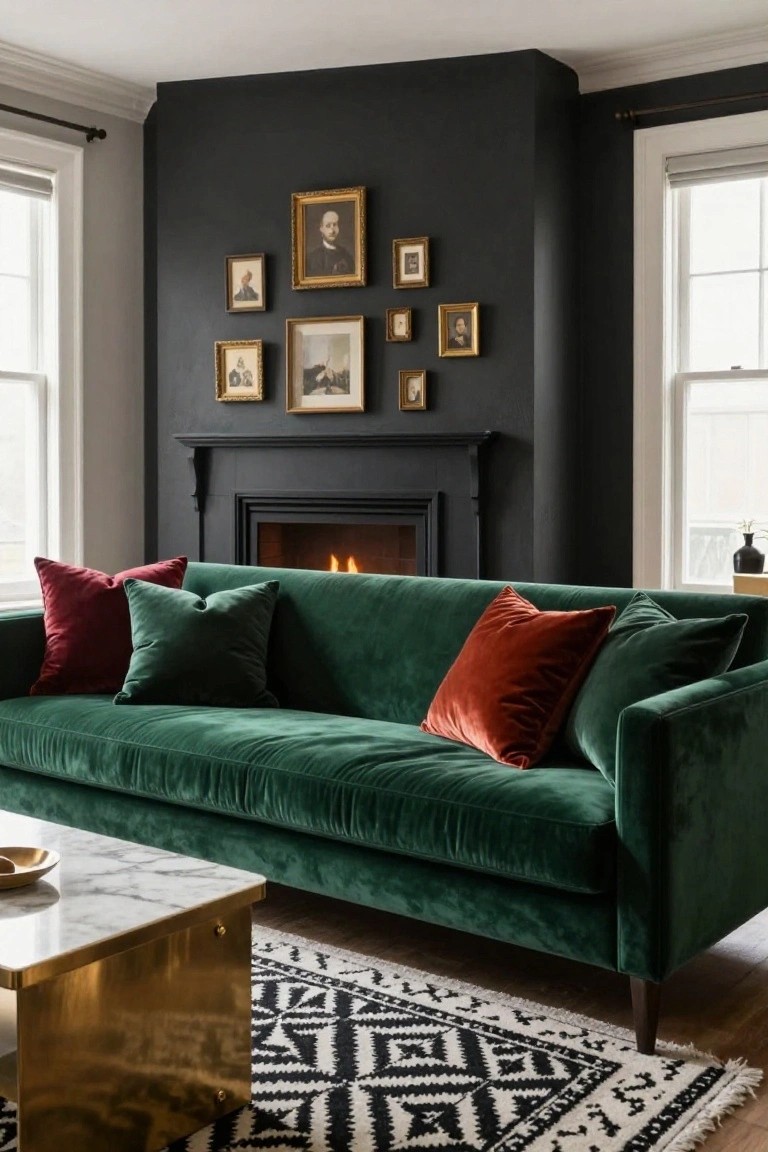 Living room with dark accent wall, black fireplace mantel with fire lit, multiple gold-framed portraits arranged above, emerald green velvet sofa with red and green throw pillows, marble-top brass coffee table, and black-and-white patterned rug.
