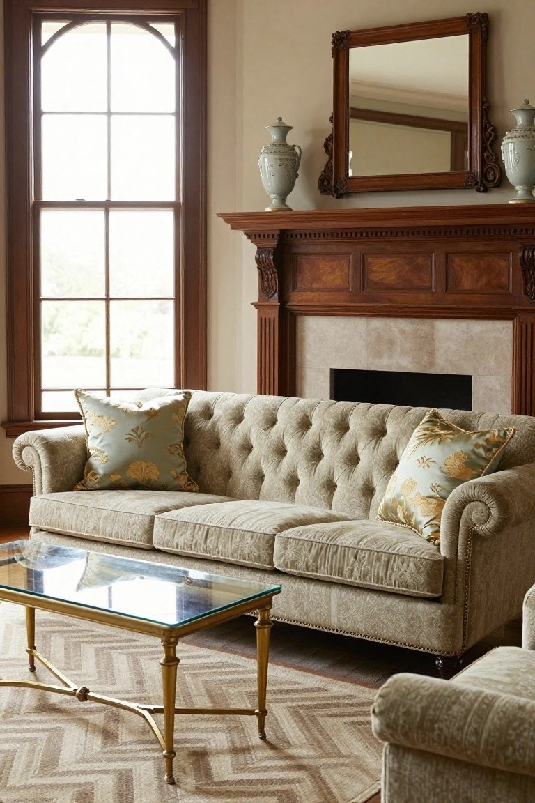 Cream tufted sofa with seafoam green embroidered pillows sits before a wooden fireplace mantel in a beige living room with large window, brass and glass coffee table, and patterned rug.