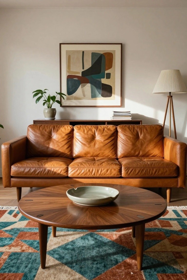 Sunlit living room with tan leather three-seater sofa, round walnut coffee table topped with white ceramic bowl, colorful geometric rug, abstract framed artwork on white wall, potted plants, wooden sideboard with books, and beige tripod floor lamp.