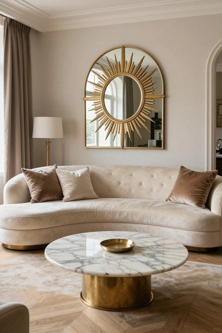 Cream curved tufted sofa with four velvet pillows in beige and taupe tones, positioned in front of a large arched gold sunburst mirror above a round white marble coffee table with brass base, in a light beige-walled living room with parquet flooring and a floor lamp.