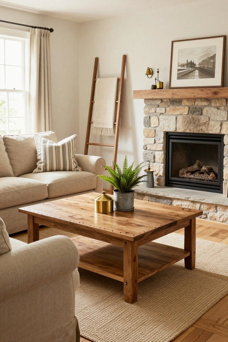 Beige linen sofa with striped pillow facing a stone fireplace in a light living room with wooden coffee table, fern plant, and ladder holding a blanket.