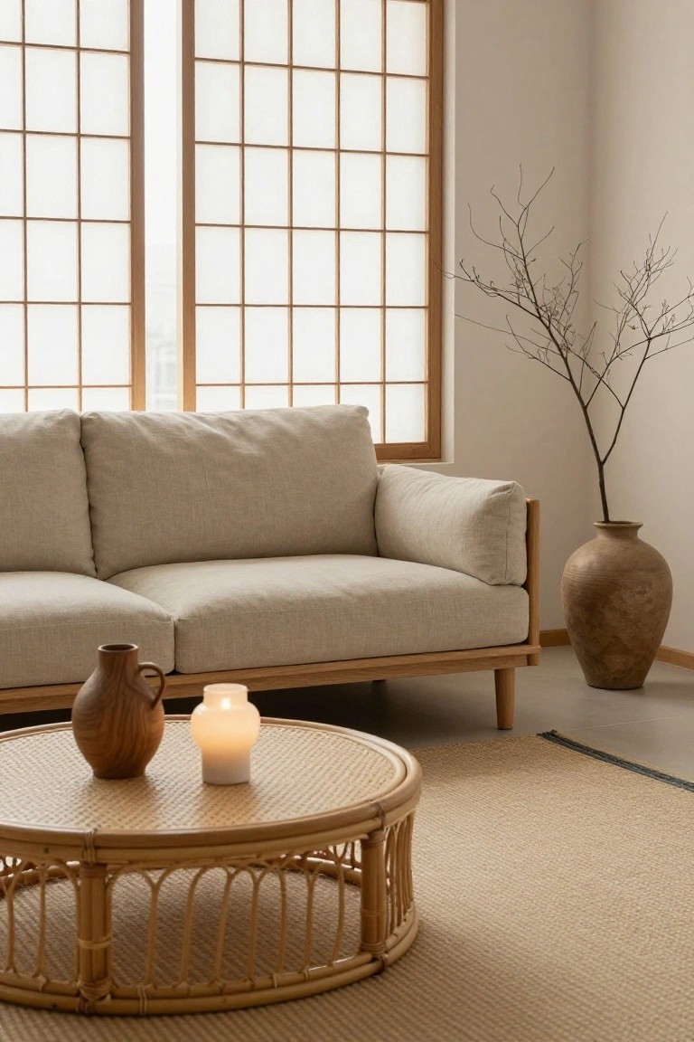 Beige linen sofa in a light room with shoji screen windows, round rattan coffee table in front holding a terracotta pitcher, wooden vase, and lit candle, large terracotta vase with branches in corner.
