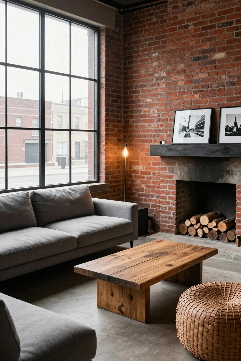 Gray L-shaped sofa in brick-walled living room with low wooden coffee table, woven pouf, stacked firewood by fireplace, floor lamp, and large industrial windows.