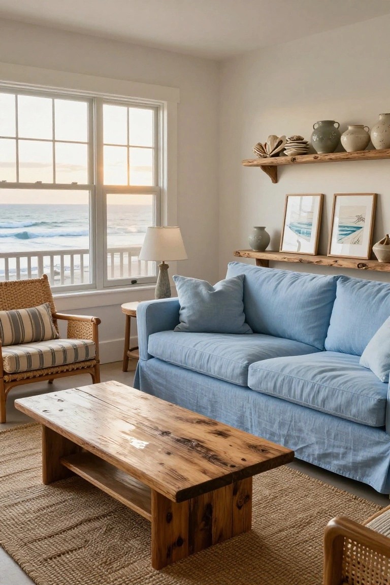 Living room featuring a blue linen skirted sofa, rectangular wooden coffee table with live edge, wicker armchair, side table with lamp, and large windows showing ocean waves.