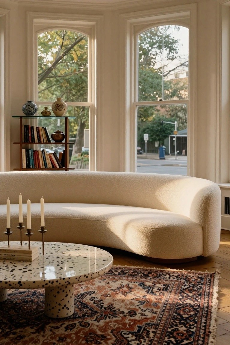 Curved cream upholstered sofa positioned in a bay window living room with arched windows overlooking trees and street, round white terrazzo coffee table holding candles and books in front, glass shelf with books and vases nearby, patterned oriental rug on wood floor.