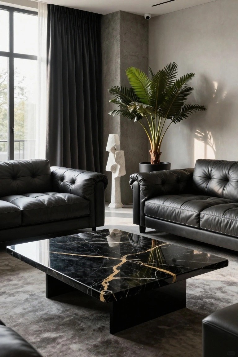 Modern living room with black leather sofas and marble coffee table.