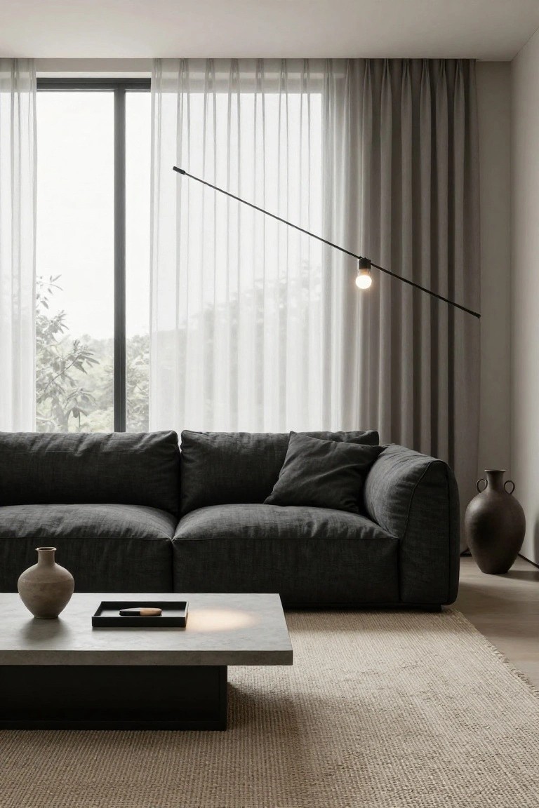 Minimalist living room with dark gray sofa, stone coffee table, and sleek floor lamp.