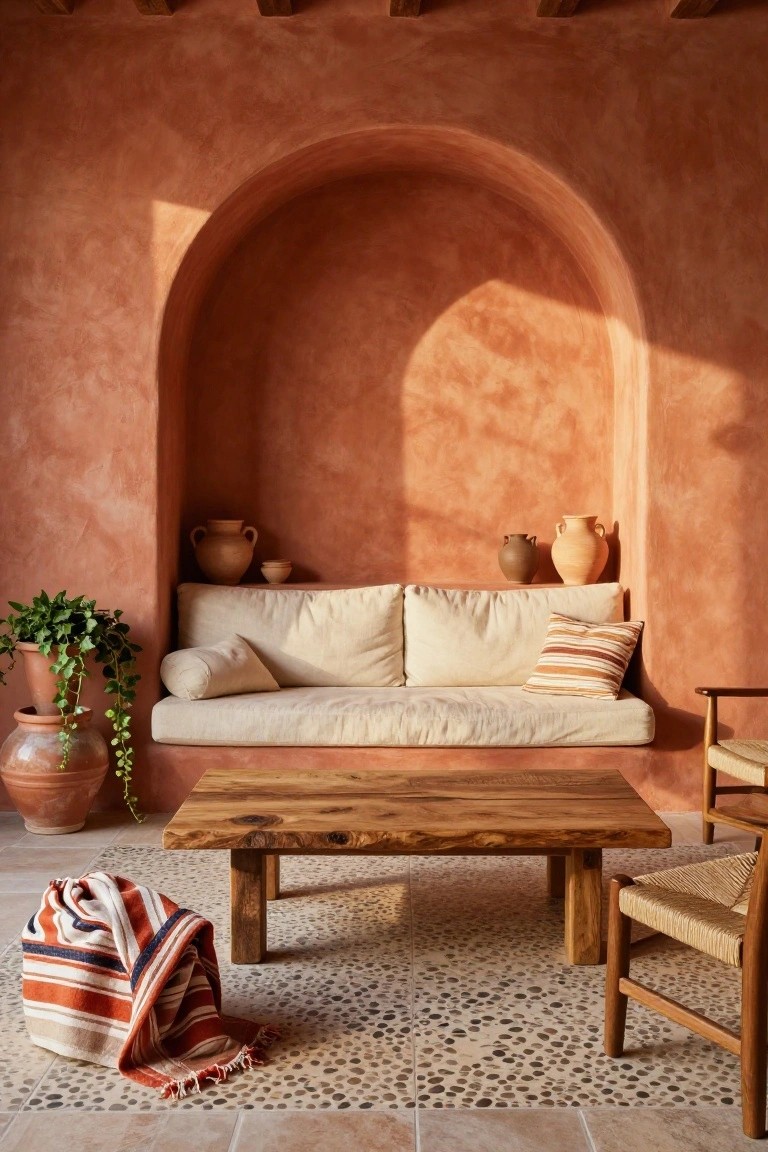 Built-in low sofa with white cushions and striped pillow in a terracotta arched alcove, with pottery jars, ivy plant, wooden coffee table, rattan chairs, and woven throw on pebble tile floor.