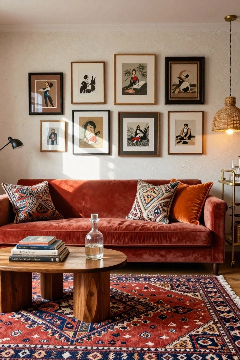 Rust velvet sofa with assorted patterned pillows in a living room, wooden coffee table with stacked books and glass decanter, red and blue Persian rug, and eclectic gallery wall of framed blackline art above the sofa.