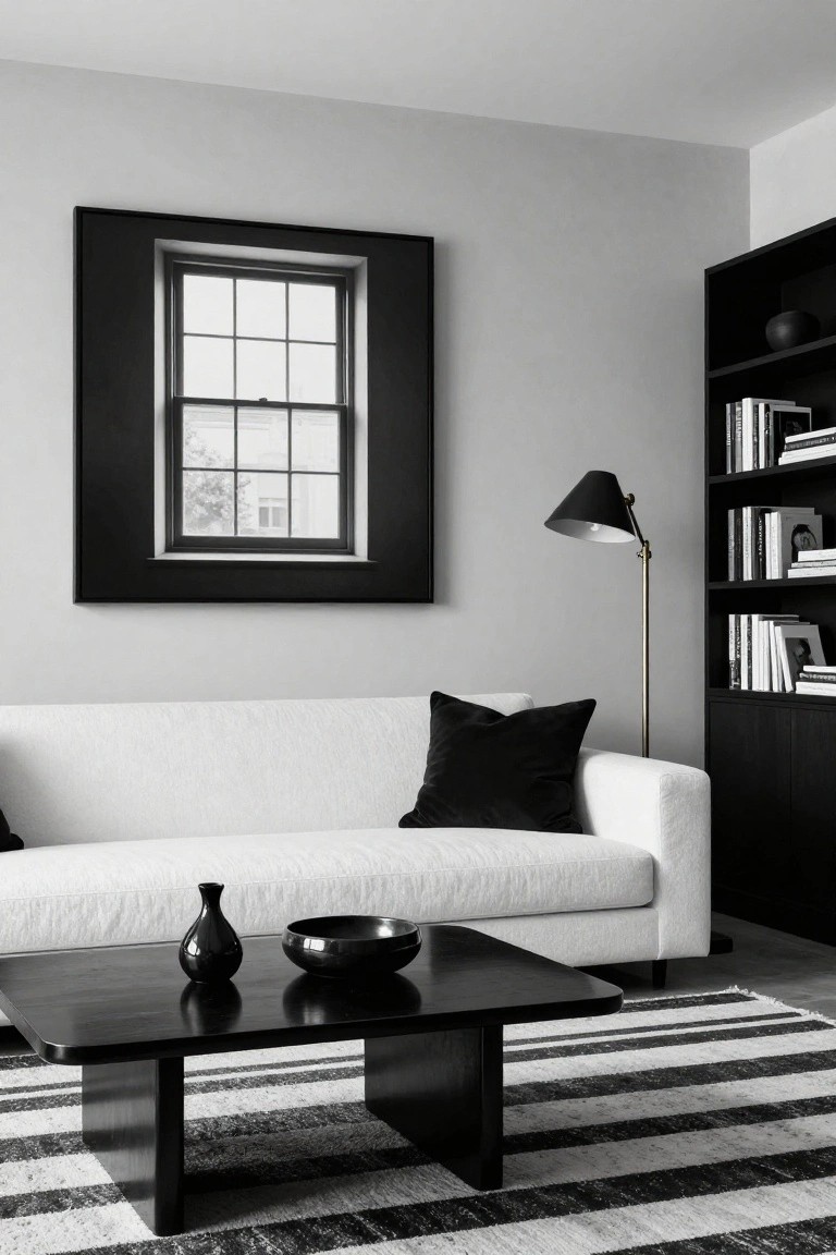 Modern living room with white sofa, black coffee table, and striped rug.