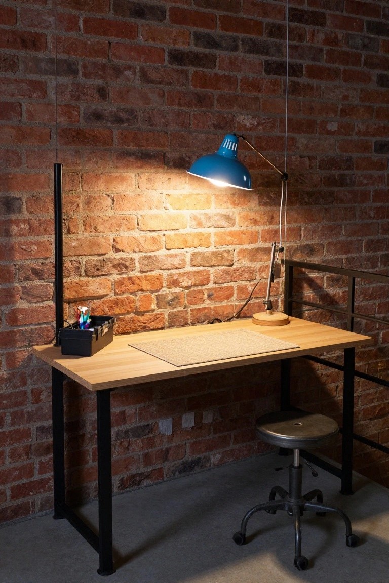 Wooden desk with black metal legs against exposed red brick wall, blue adjustable lamp overhead, black pencil holder on desk, metal stool nearby, in industrial-style room with metal shelving frame.