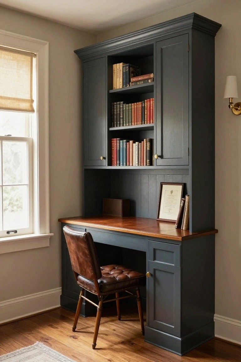 A navy blue built-in cabinet unit in a room corner with open bookshelves above a wooden desk top, brown leather chair, window with shade, wall sconce, and framed certificate on the desk.