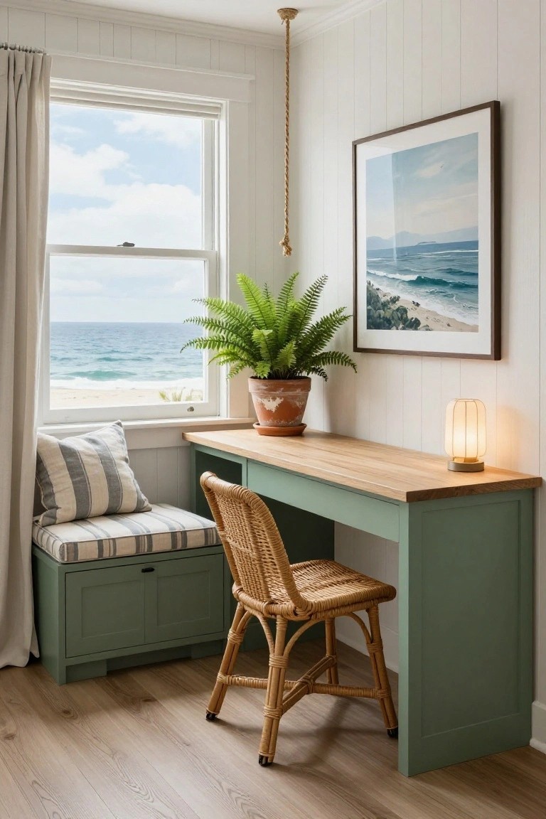 Sage green built-in corner desk with oak top and storage bench, rattan chair, striped cushion, fern plant in terracotta pot, fabric lamp, and large window showing ocean view in white-walled room with wood floors.