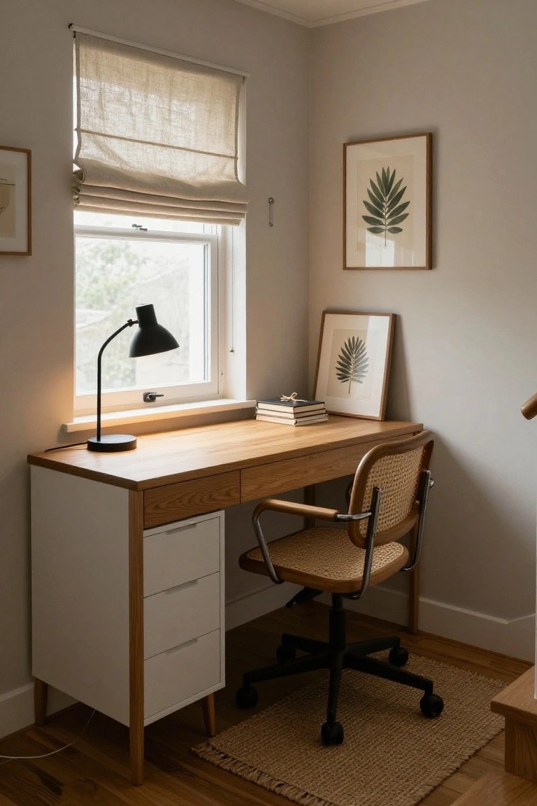 A wooden desk with white drawers in a corner office nook next to a window with linen roman shade, black gooseneck lamp, rattan chair on wheels, stacked books, and framed leaf prints on light gray walls.