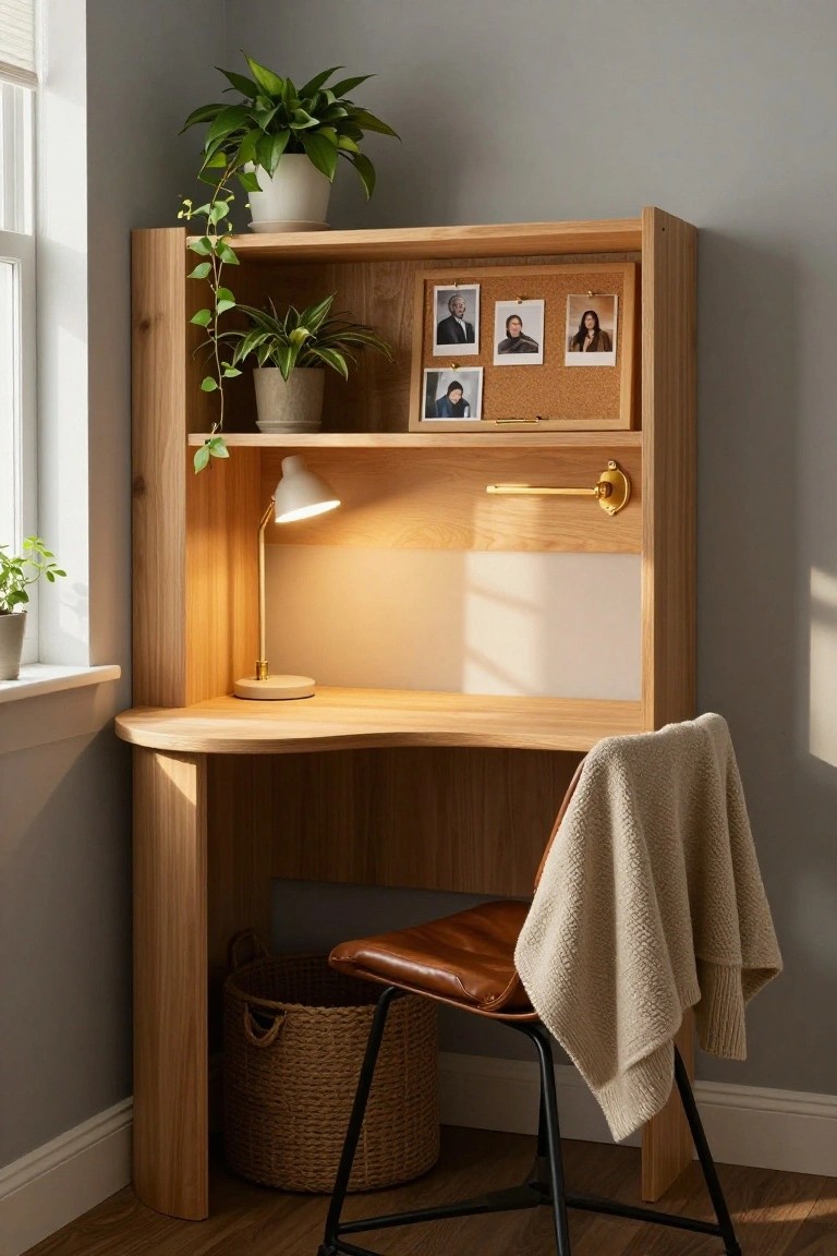 Wooden curved corner desk with built-in upper shelves displaying plants, corkboard with photos, and a desk lamp, plus a leather chair with cream throw in a gray-walled room near a window.