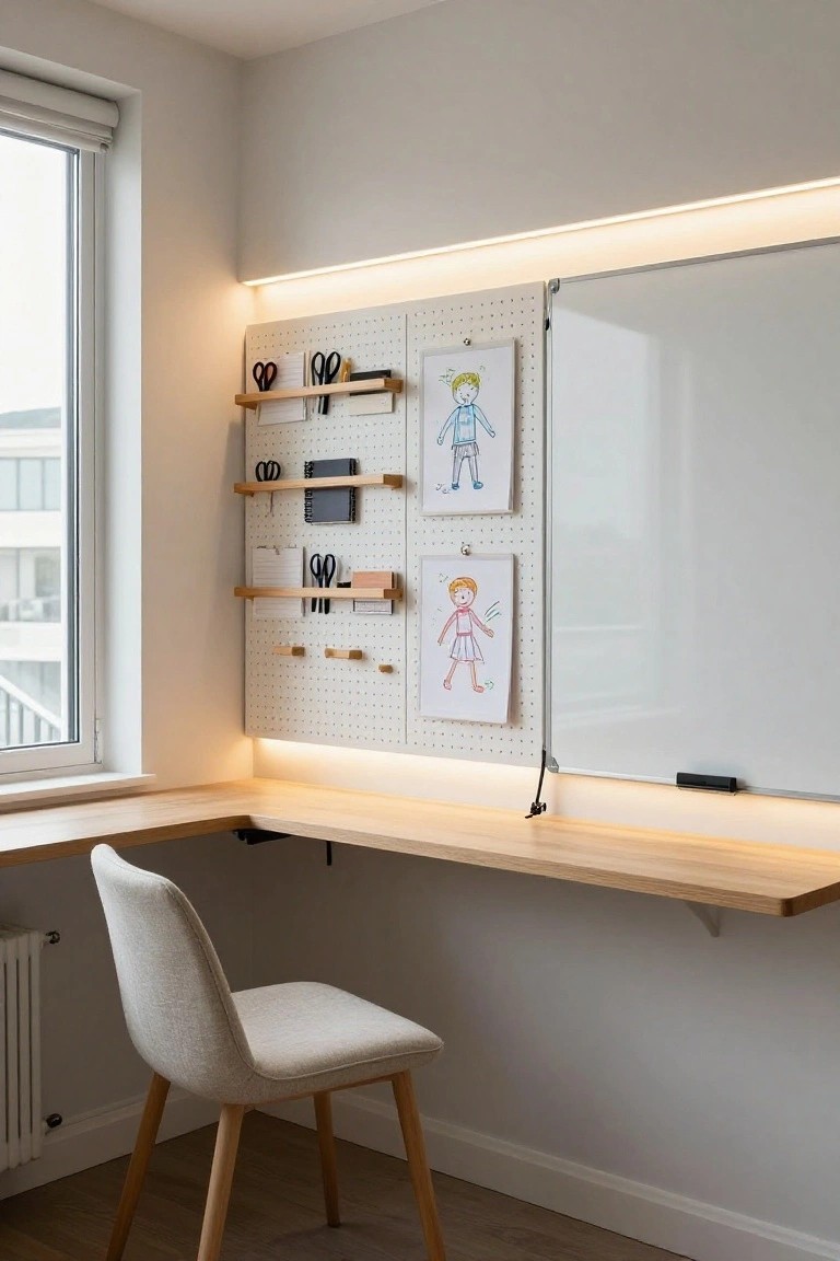 Corner wooden desk in a white room with a pegboard wall holding shelves, scissors, notebooks, and children's drawings, a whiteboard to the right, LED lighting above, and a beige upholstered chair.
