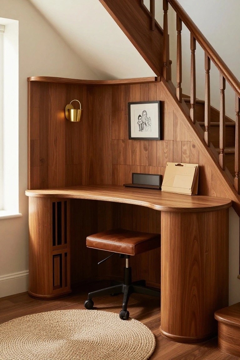 Curved wooden desk built into wood-paneled corner under wooden stairs, with black office chair on wheels, leather stool, speaker, folder, framed artwork, and gold wall lamp in light room with seagrass rug.